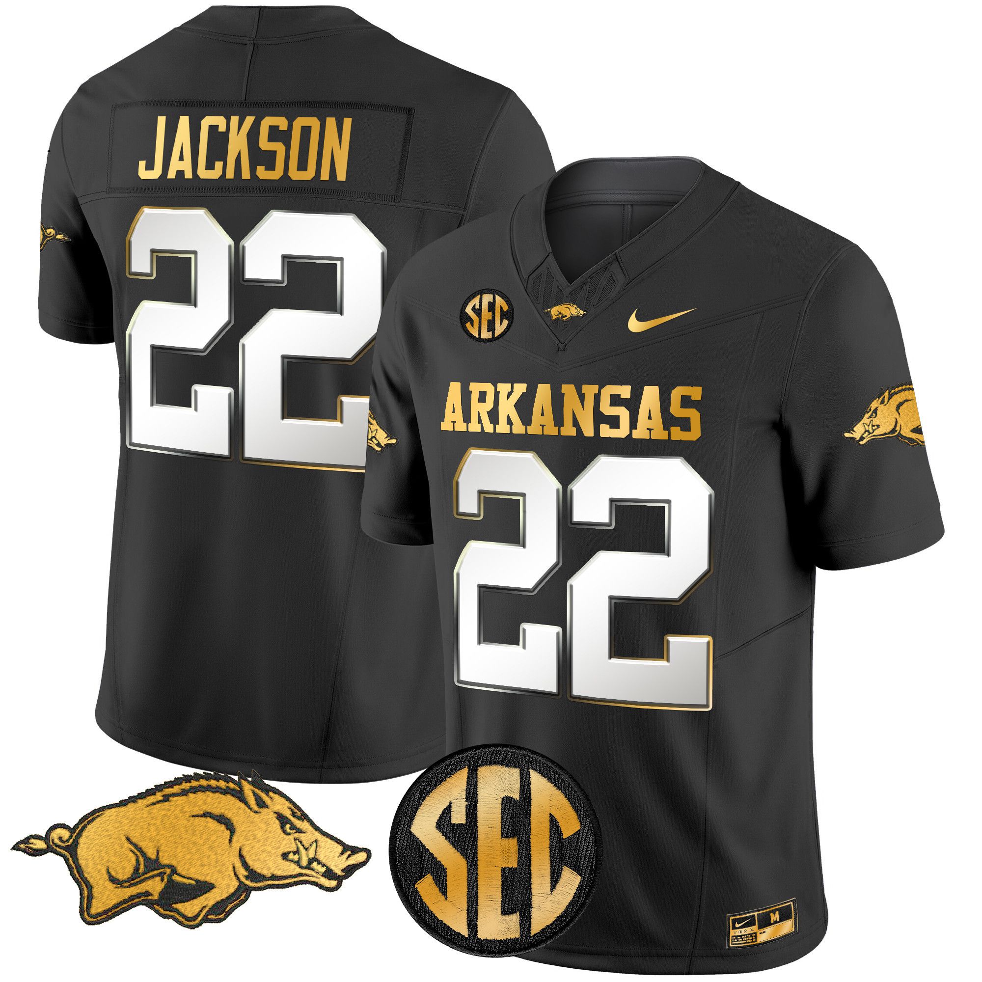 Men Arkansas Razorbacks #22 Jackson Black Nike 2024 Gold Vapor Limited NCAA Jersey style 2